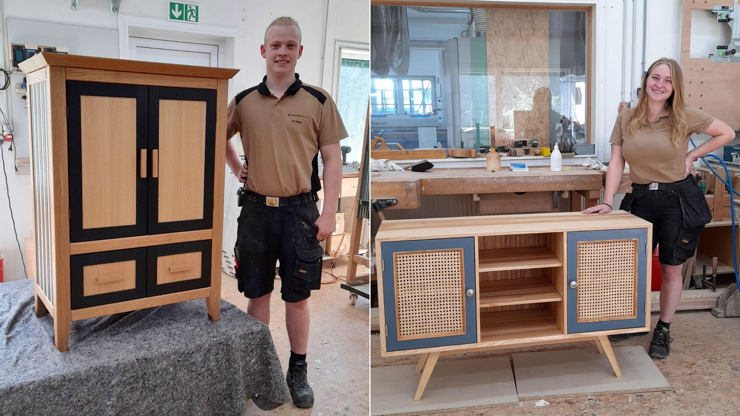 Gesellenstücke 2024 Azubis mit Gesellenstücken auf der linken Seite ein Mann auf der rechten Seite eine Frau jeweils mit Möbelstücken