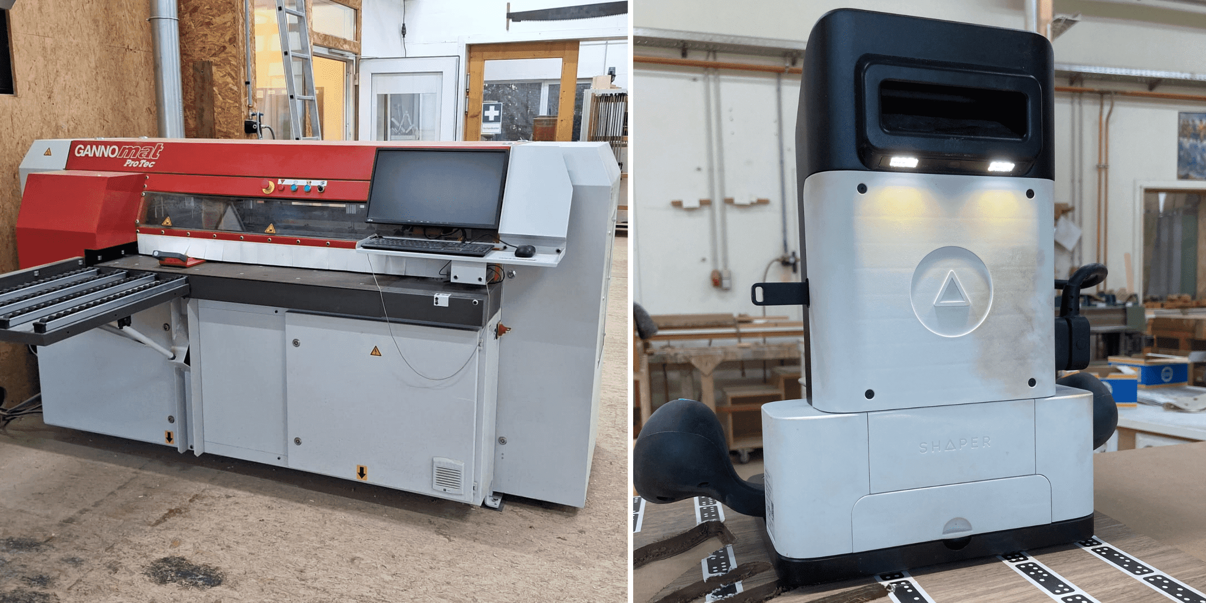 Moderne Holzbearbeitung mit Gannomat und Shaper Tools Links eine Gannomat ProTec Maschine für präzise Holzbearbeitung, rechts eine Shaper Origin Fräsmaschine im Einsatz in einer Tischlerei-Werkstatt.