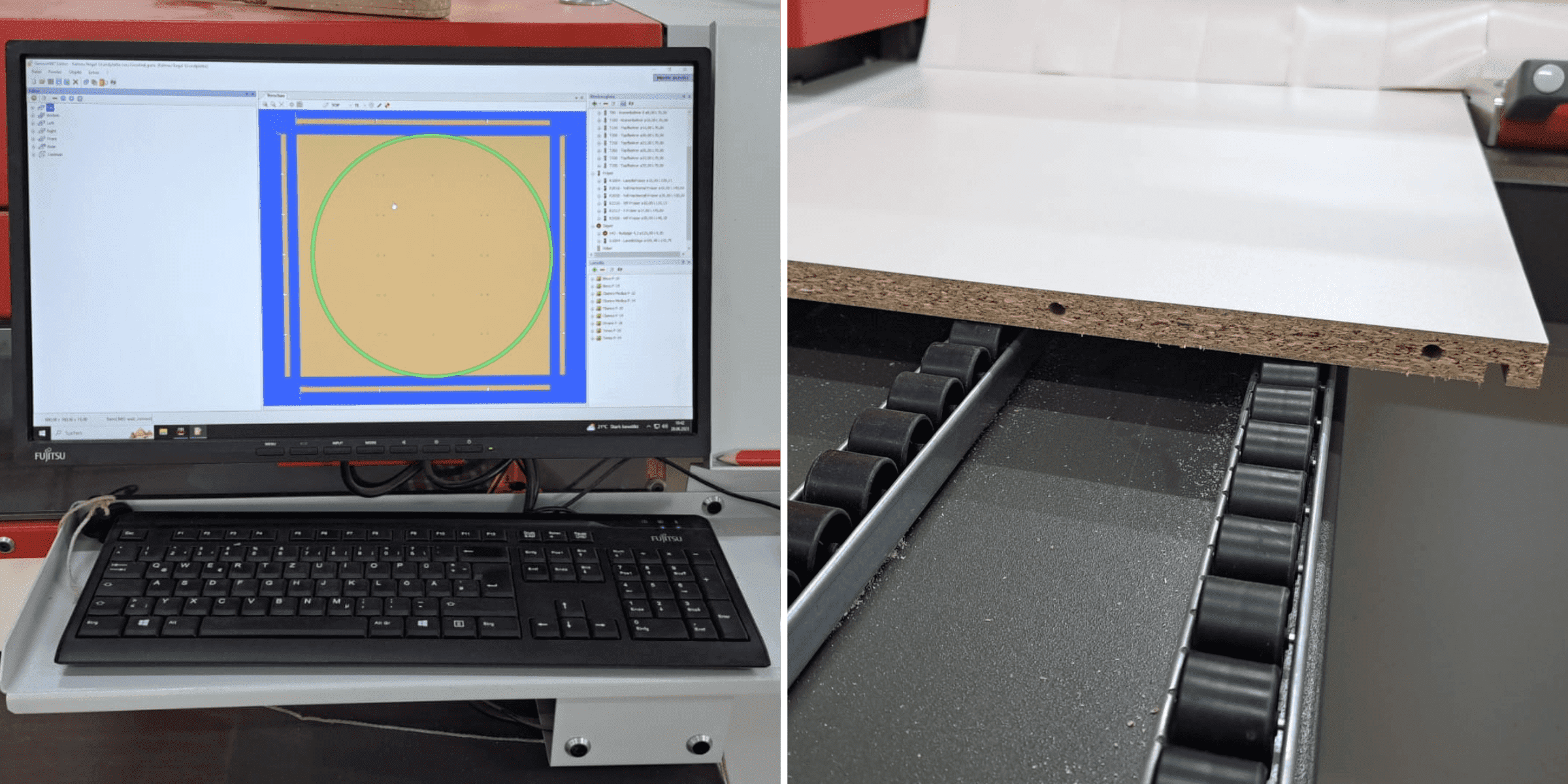 CNC-Holzbearbeitung – Präzise Fräs- und Bohrtechnik Computerunterstützte Holzbearbeitung mit CNC-Technologie – links ein Bildschirm mit Fräsdesign, rechts eine fertig bearbeitete Spanplatte auf einer Förderanlage.