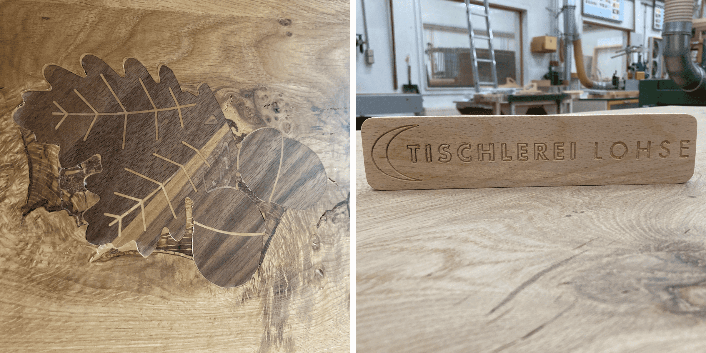 Holzverarbeitung mit Shaper Tools – Intarsien und Gravuren Detailaufnahme einer kunstvollen Holzeinlegearbeit mit Blattmotiv sowie eine gravierte Holztafel mit dem Schriftzug "Tischlerei Lohse" in einer Werkstattumgebung.
